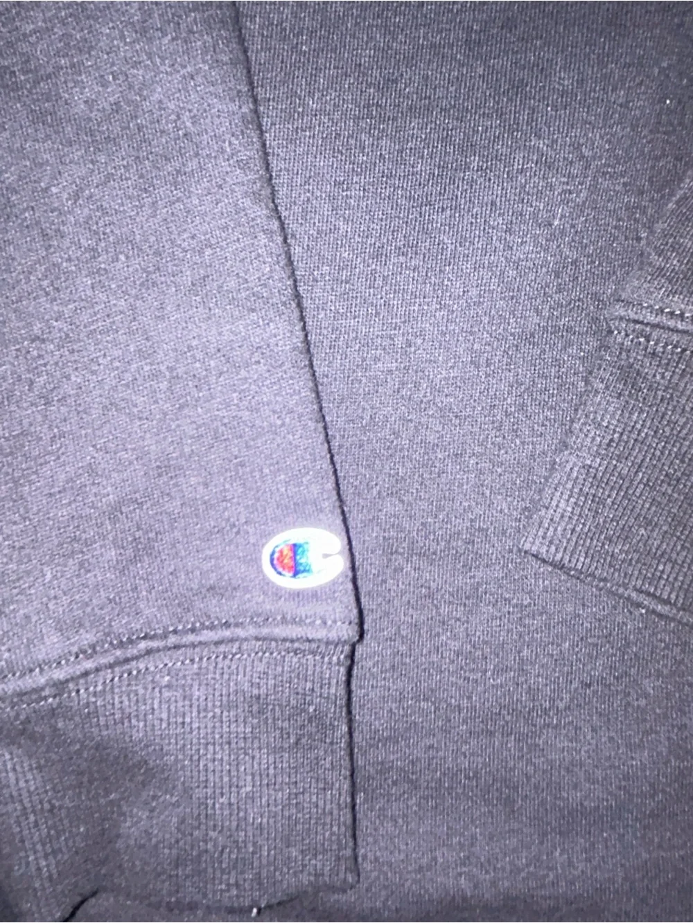 Champion Black Crewneck with Script Logo and Red Accent